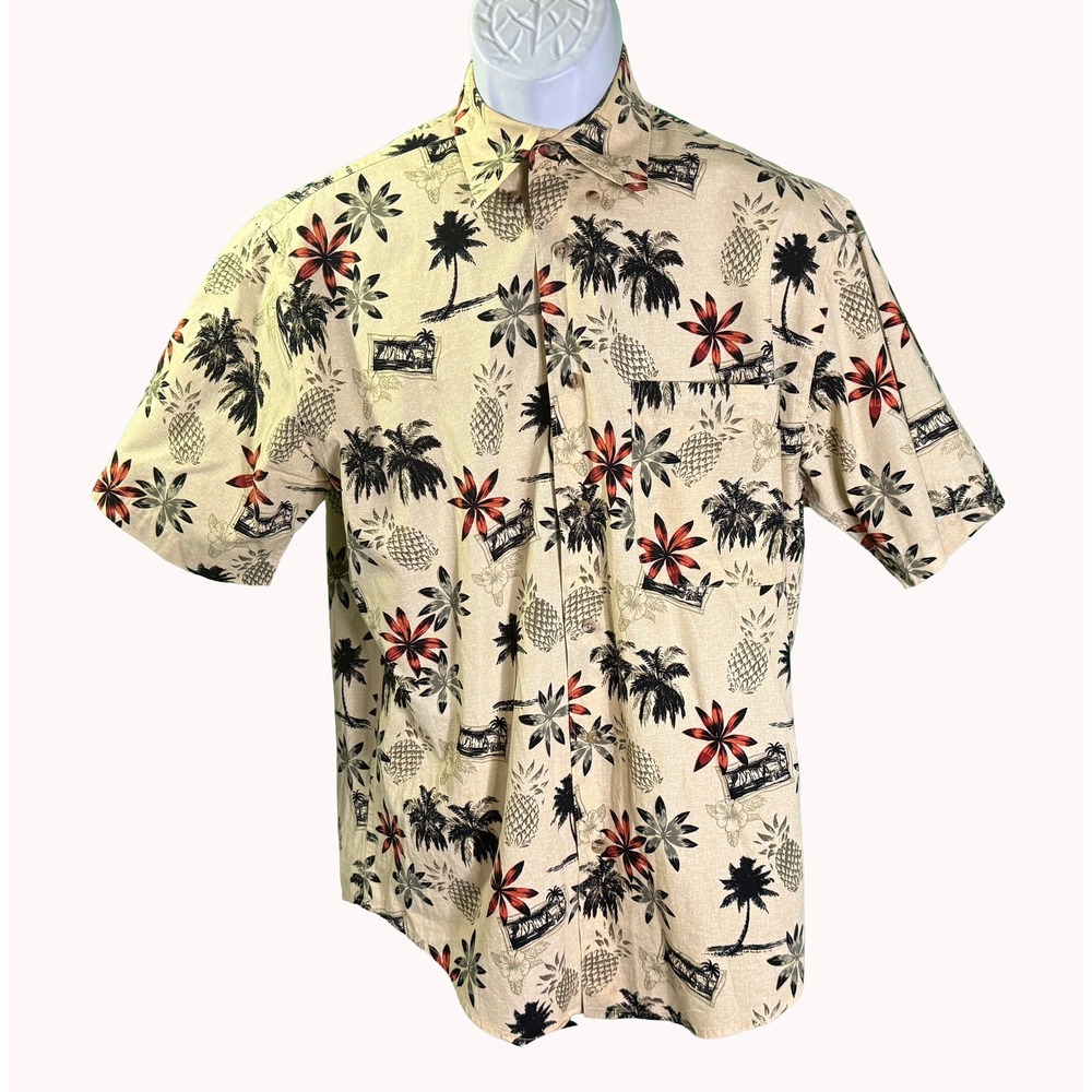 Crossings Button Down Shirt Mens Small Tan Tropical Palm Tree Pineapple Cotton